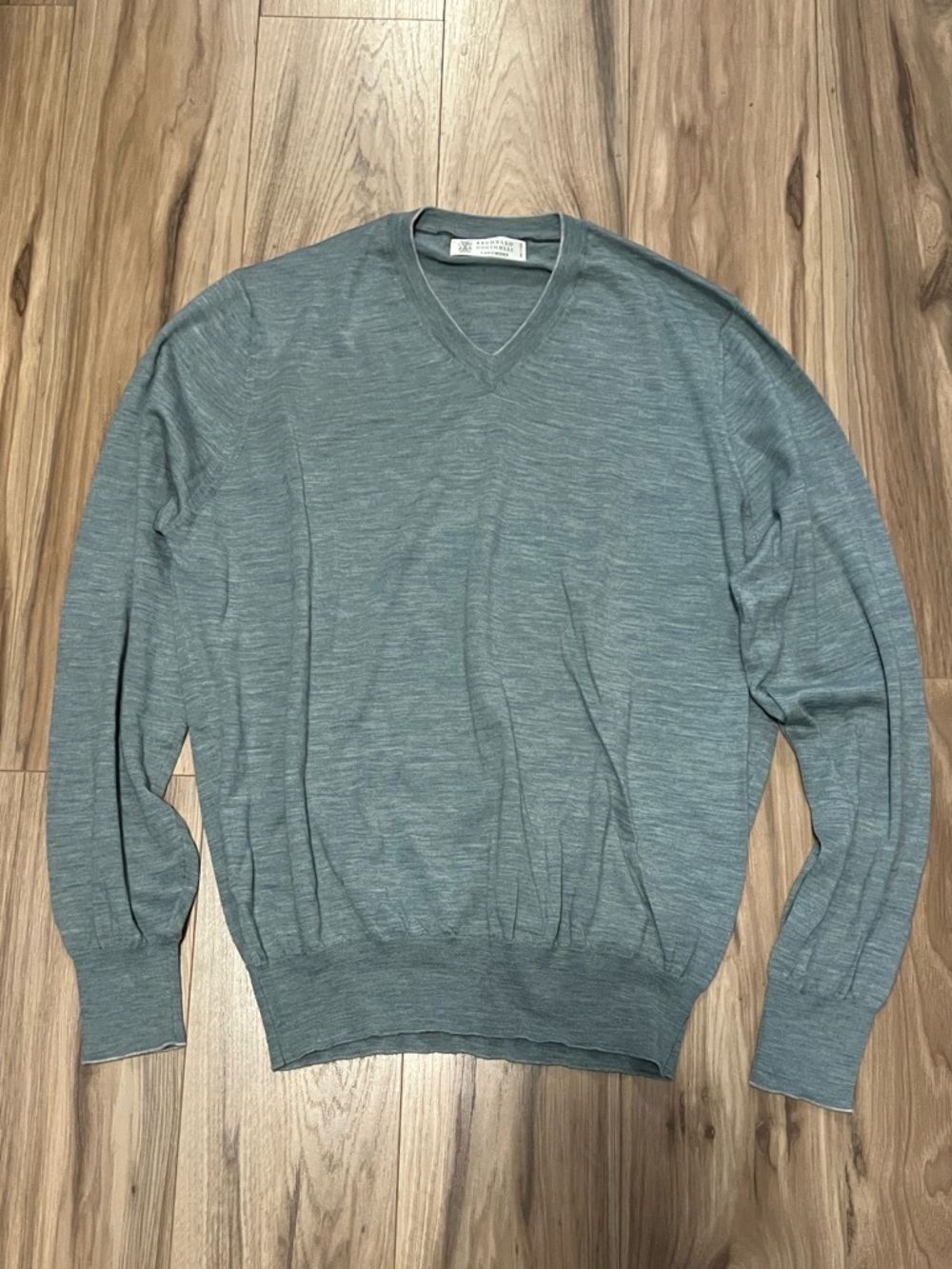 Brunello Cucinelli Light Gray Blue Green V-Neck Wool Cashmere Sweater